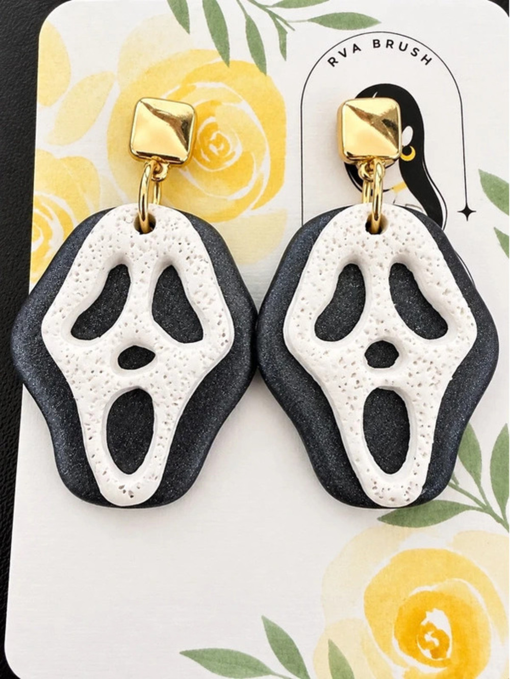 Ghost Face Polymer Clay Earrings Black White Halloween Style